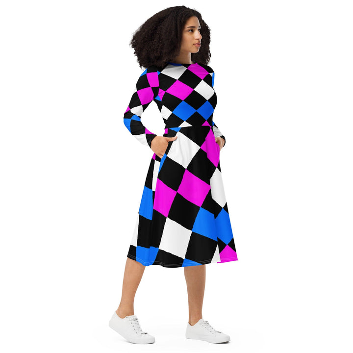 Womens Long Sleeve Midi Dress Pink Blue Checkered Pattern - Womens | Dresses