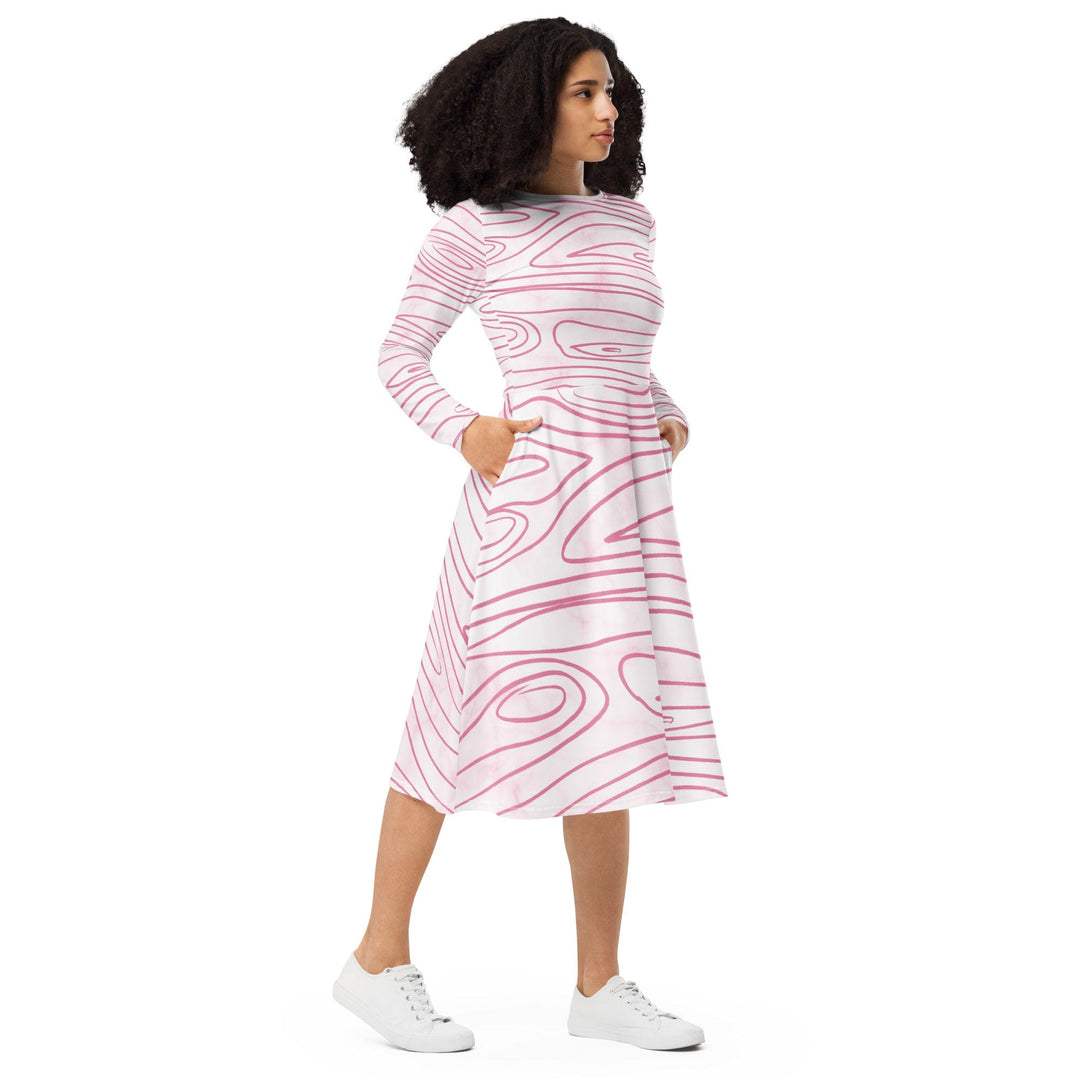 Womens Long Sleeve Midi Dress Pink Line Art Sketch Print - Womens | Dresses