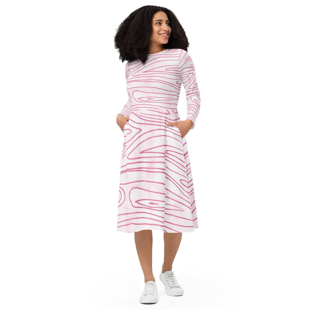 Womens Long Sleeve Midi Dress Pink Line Art Sketch Print - Womens | Dresses