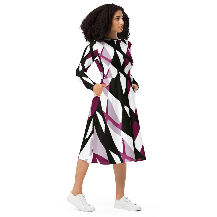 Womens Long Sleeve Midi Dress - Pink Mauve Pattern - Womens/Dresses/MIDI/AOP