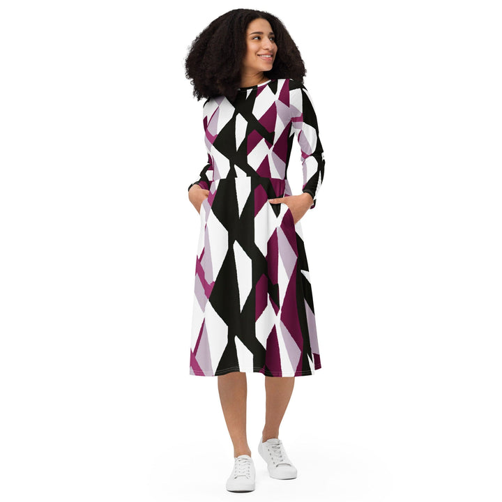 Womens Long Sleeve Midi Dress - Pink Mauve Pattern - Womens/Dresses/MIDI/AOP