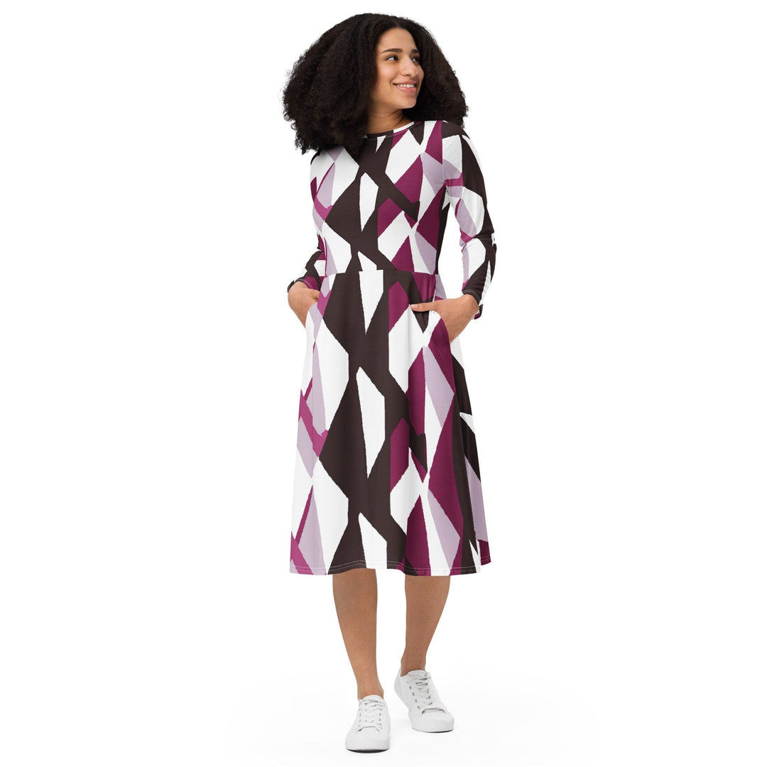 Womens Long Sleeve Midi Dress Pink Mauve Pattern - Womens | Dresses | MIDI | AOP