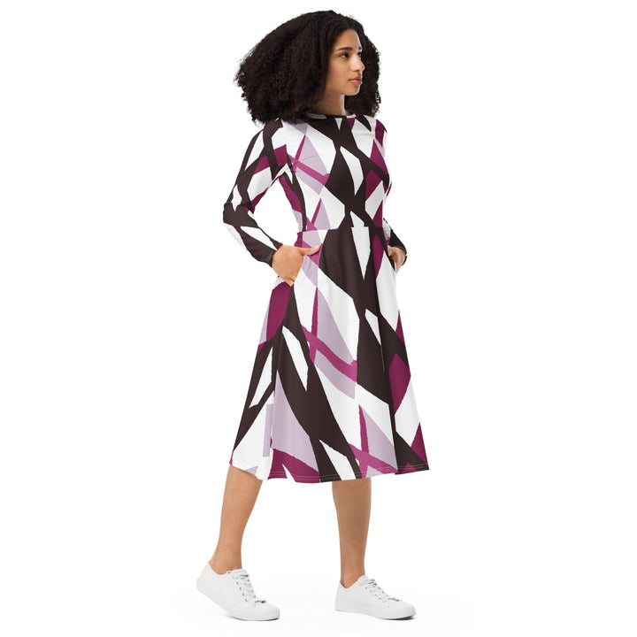 Womens Long Sleeve Midi Dress Pink Mauve Pattern - Womens | Dresses | MIDI | AOP