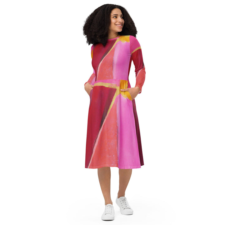 Womens Long Sleeve Midi Dress Pink Mauve Red Geometric Pattern - Womens