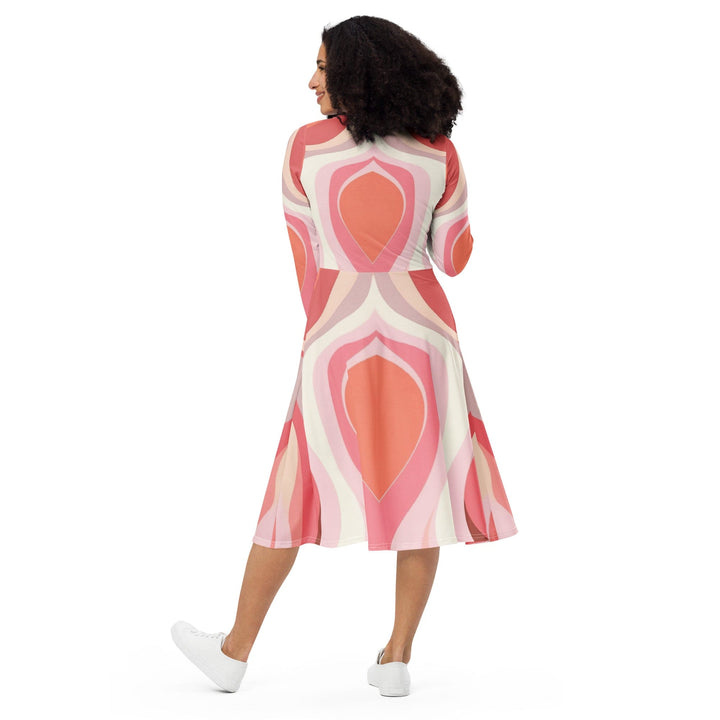 Womens Long Sleeve Midi Dress Pink White Boho Swirl Lines - Womens | Dresses