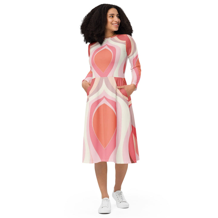 Womens Long Sleeve Midi Dress Pink White Boho Swirl Lines - Womens | Dresses