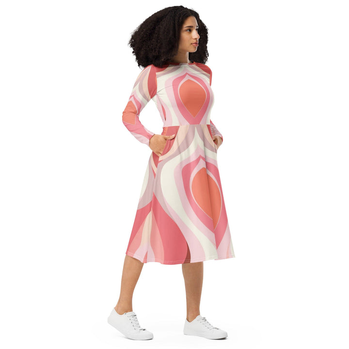 Womens Long Sleeve Midi Dress Pink White Boho Swirl Lines - Womens | Dresses