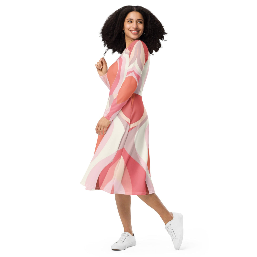 Womens Long Sleeve Midi Dress Pink White Boho Swirl Lines - Womens | Dresses