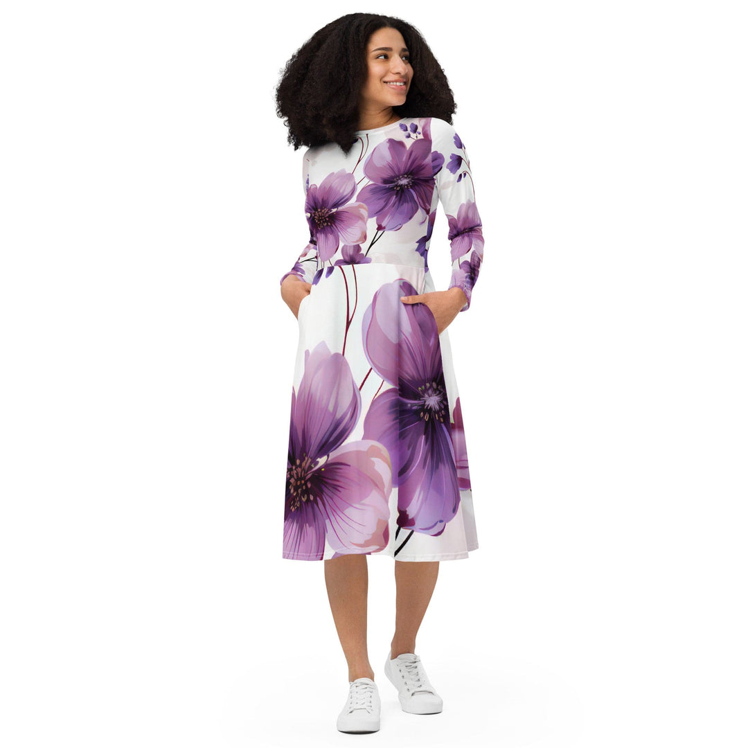 Womens Long Sleeve Midi Dress - Purple Botanical Blooms