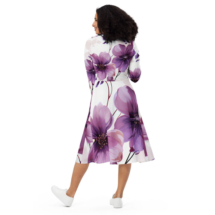 Womens Long Sleeve Midi Dress - Purple Botanical Blooms