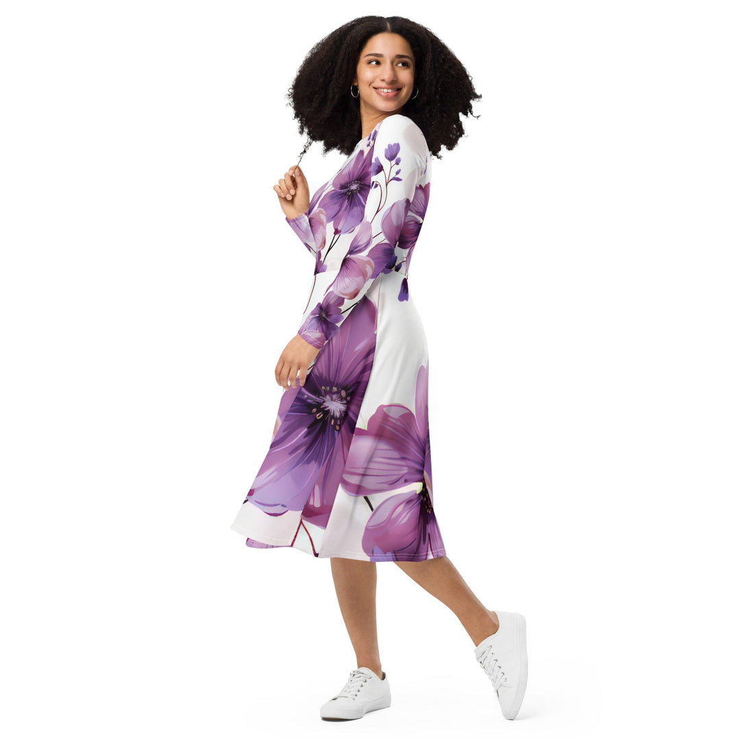 Womens Long Sleeve Midi Dress - Purple Botanical Blooms