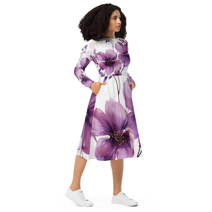 Womens Long Sleeve Midi Dress - Purple Botanical Blooms