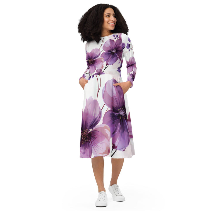 Womens Long Sleeve Midi Dress - Purple Botanical Blooms