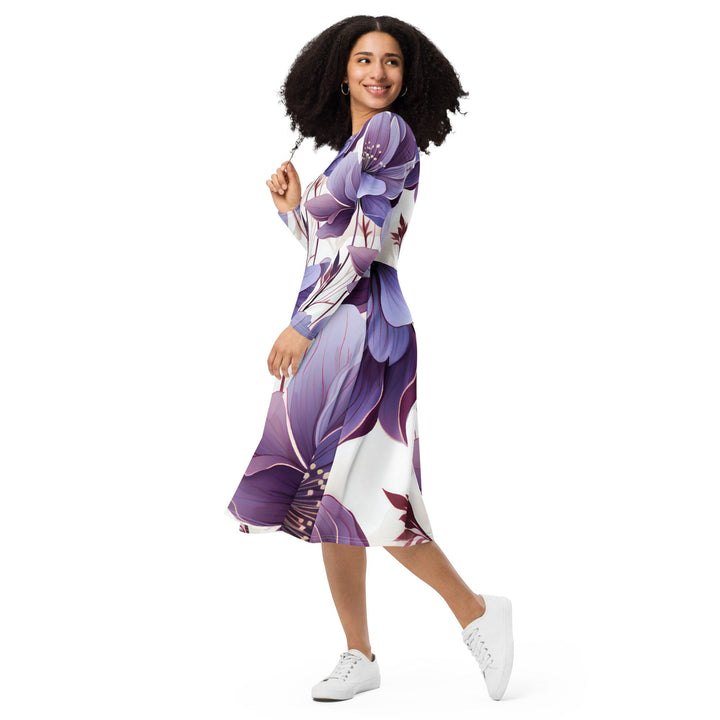 Womens Long Sleeve Midi Dress Purple Botanical Blooms 3 - Womens | Dresses