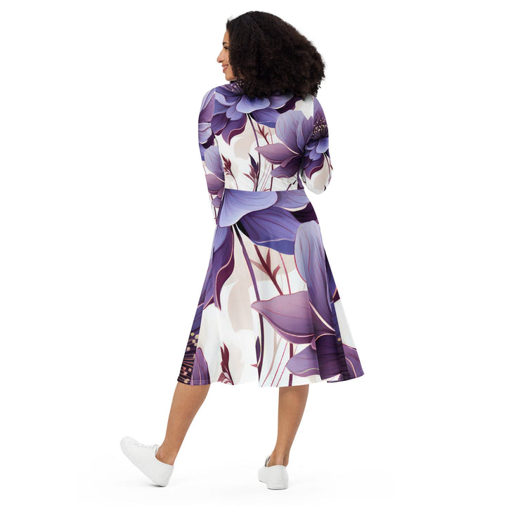 Womens Long Sleeve Midi Dress Purple Botanical Blooms 3 - Womens | Dresses