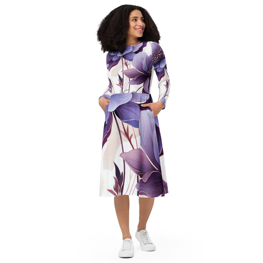 Womens Long Sleeve Midi Dress Purple Botanical Blooms 3 - Womens | Dresses