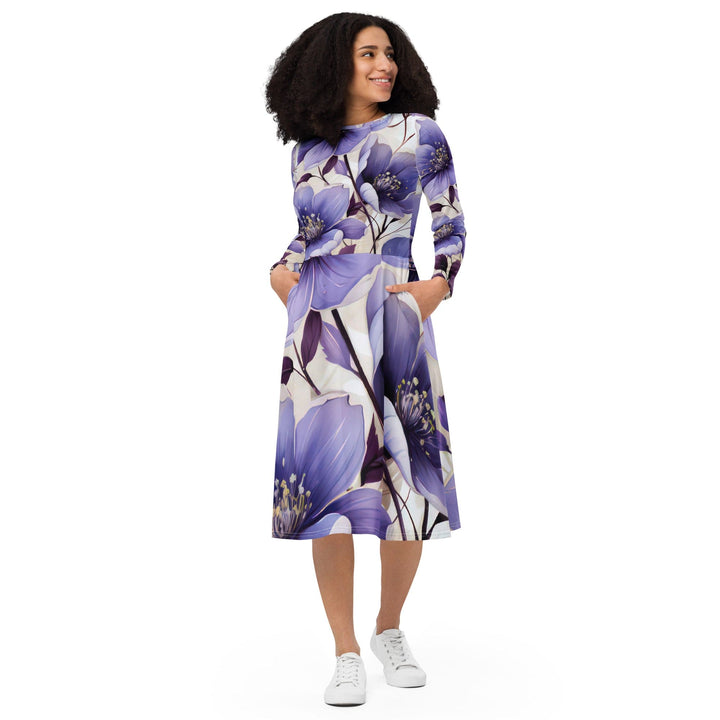 Womens Long Sleeve Midi Dress Purple Botanical Blooms 4 - Womens | Dresses