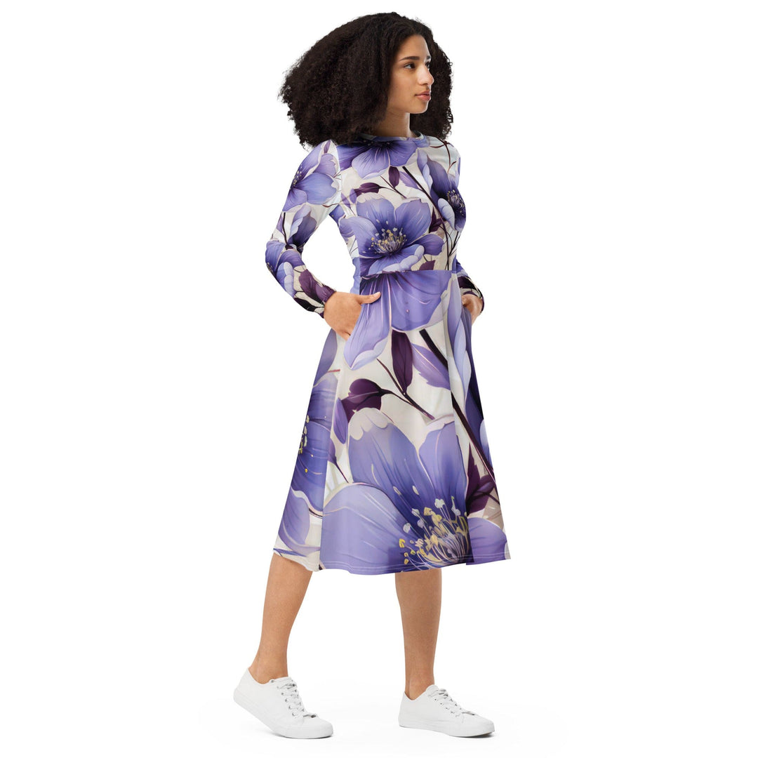 Womens Long Sleeve Midi Dress Purple Botanical Blooms 4 - Womens | Dresses