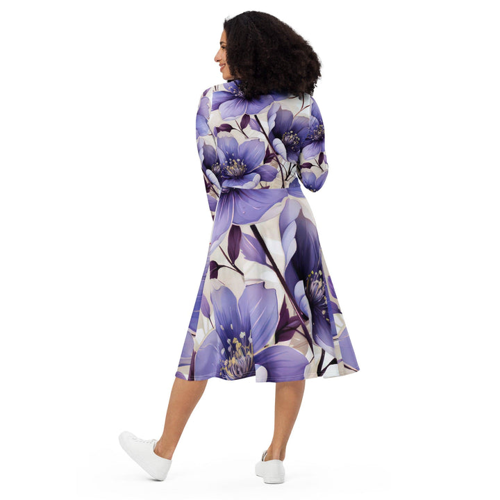 Womens Long Sleeve Midi Dress Purple Botanical Blooms 4 - Womens | Dresses