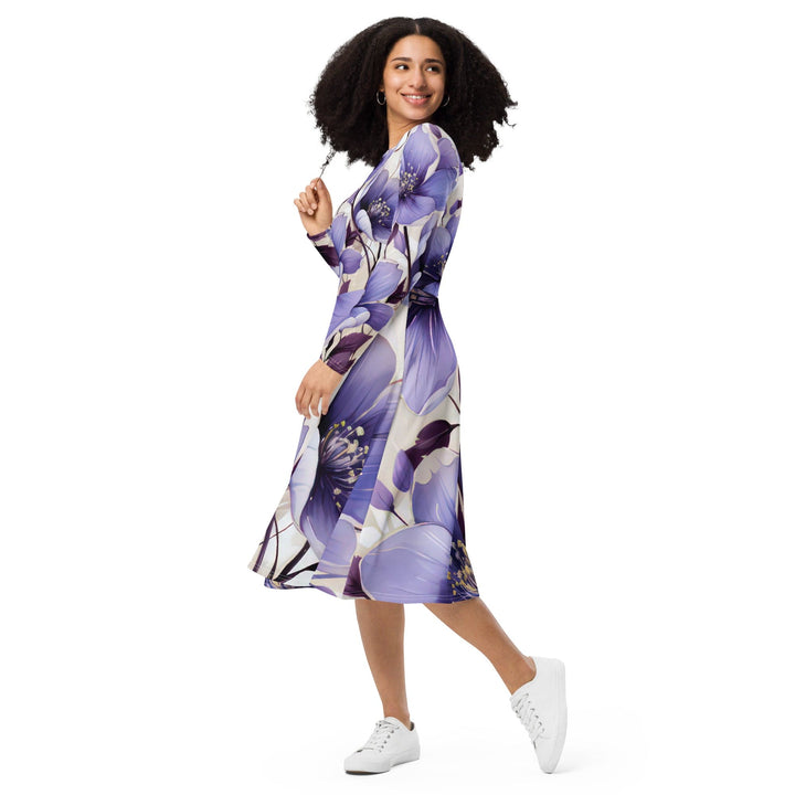 Womens Long Sleeve Midi Dress Purple Botanical Blooms 4 - Womens | Dresses