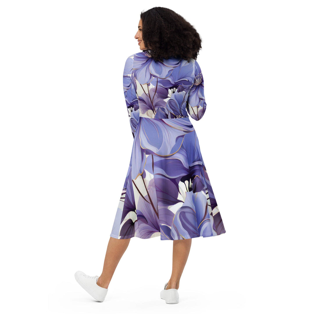 Womens Long Sleeve Midi Dress Purple Botanical Blooms - Womens | Dresses | MIDI