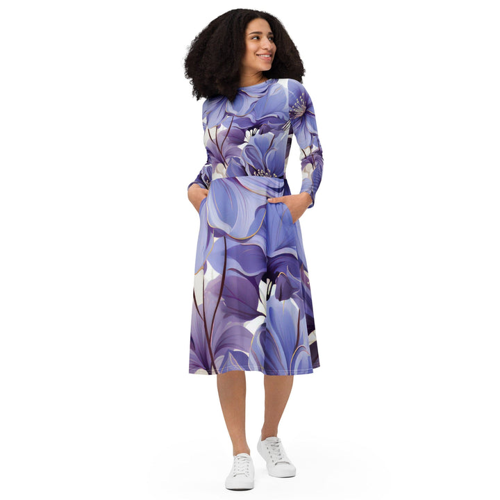 Womens Long Sleeve Midi Dress Purple Botanical Blooms - Womens | Dresses | MIDI