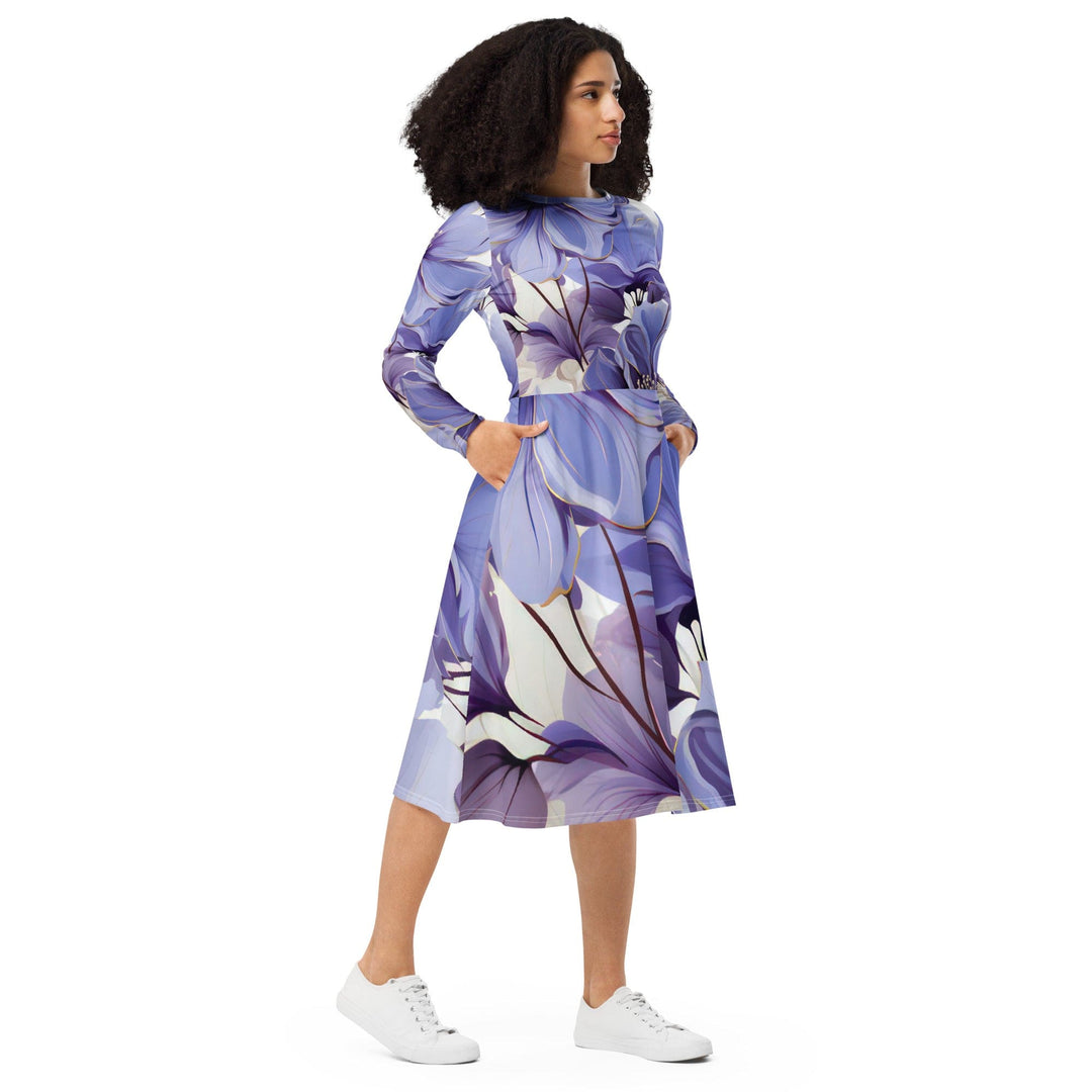 Womens Long Sleeve Midi Dress Purple Botanical Blooms - Womens | Dresses | MIDI