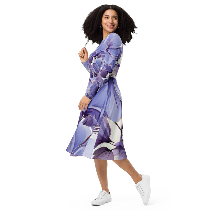 Womens Long Sleeve Midi Dress Purple Botanical Blooms - Womens | Dresses | MIDI