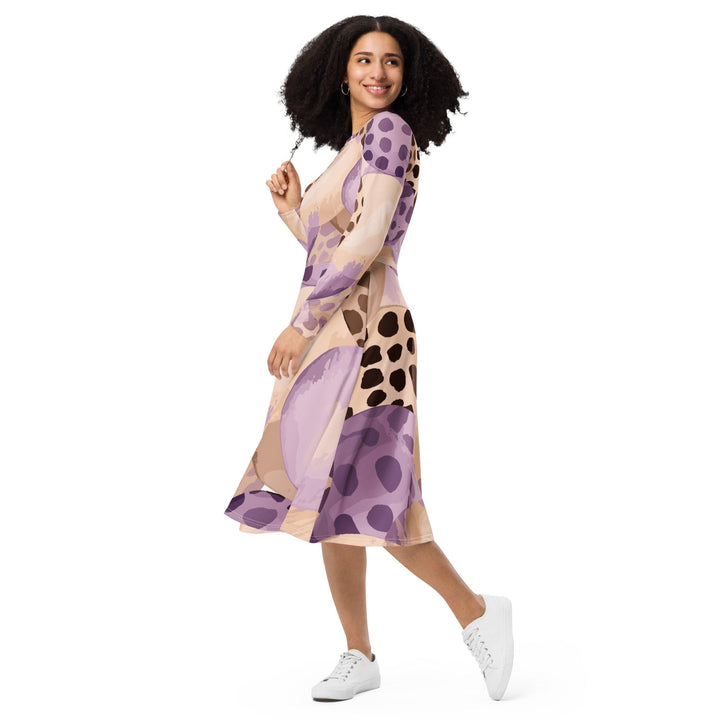 Womens Long Sleeve Midi Dress Purple Lavender Spotted Print - Womens | Dresses