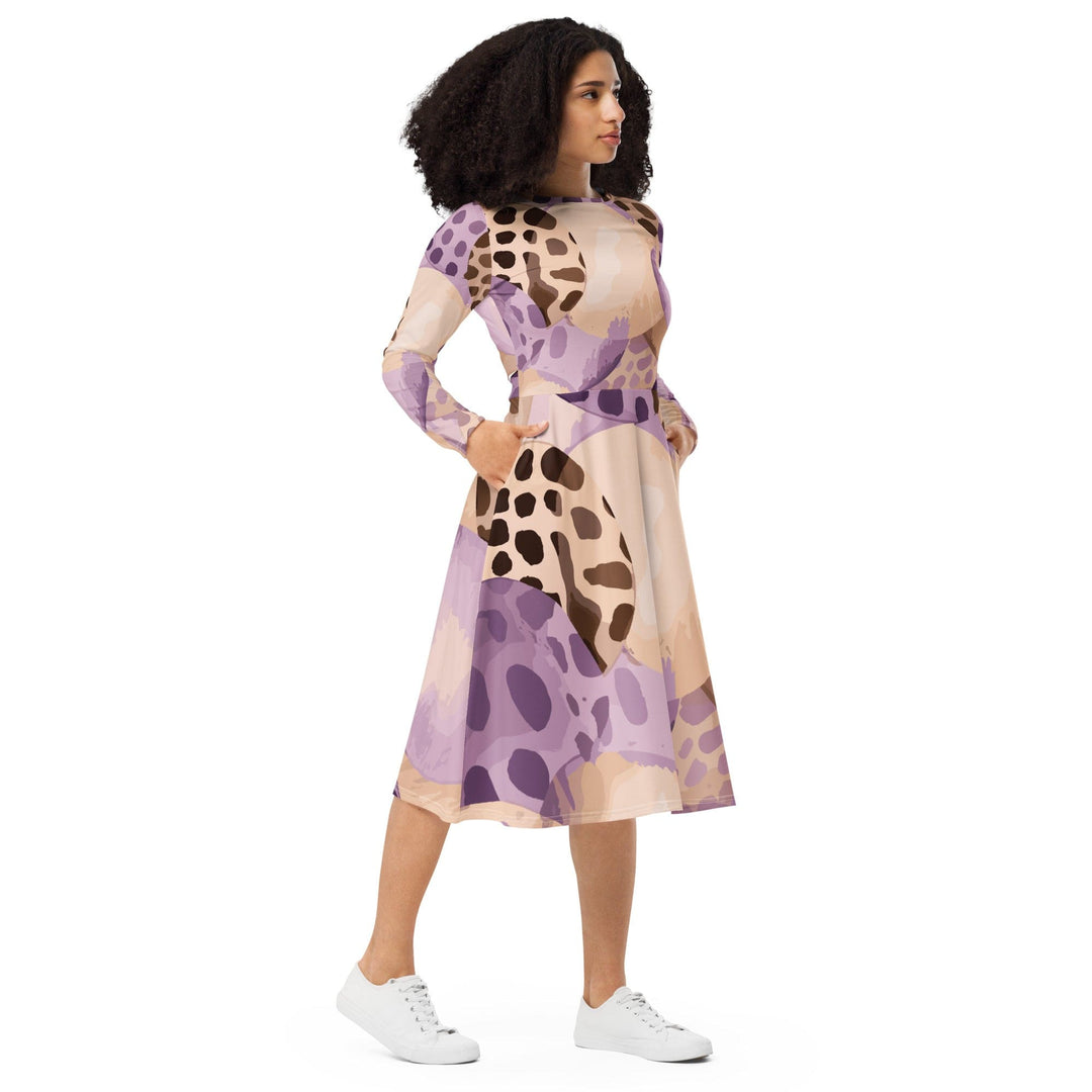 Womens Long Sleeve Midi Dress Purple Lavender Spotted Print - Womens | Dresses