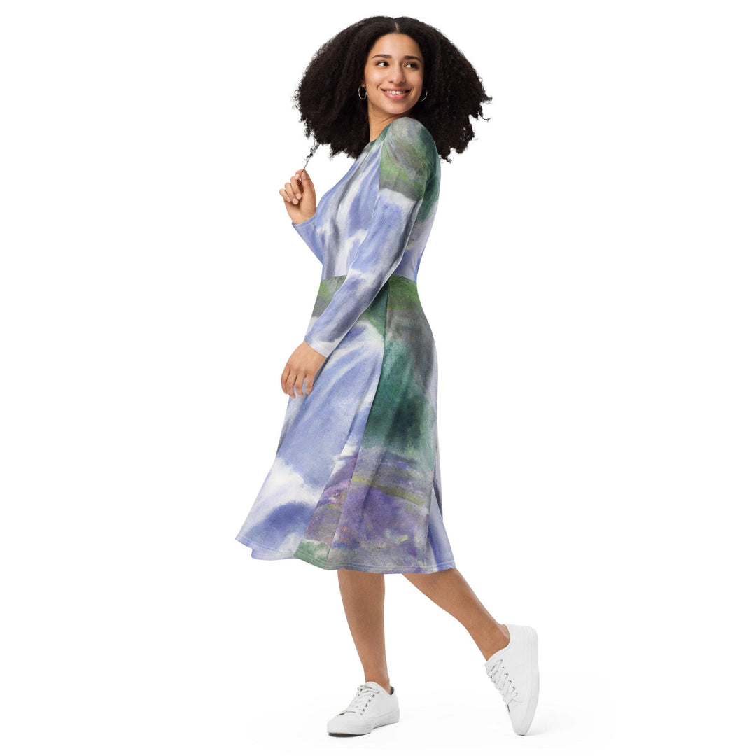 Womens Long Sleeve Midi Dress Purple Watercolor Waterfall Green - Womens