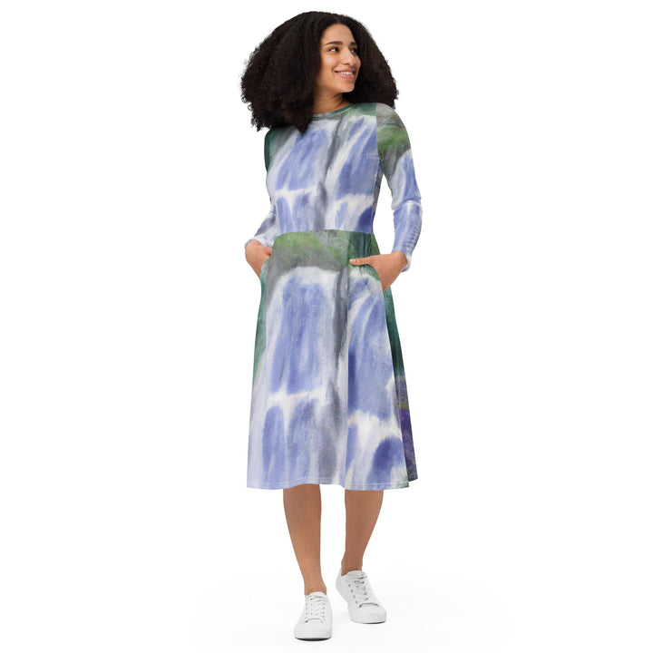 Womens Long Sleeve Midi Dress Purple Watercolor Waterfall Green - Womens