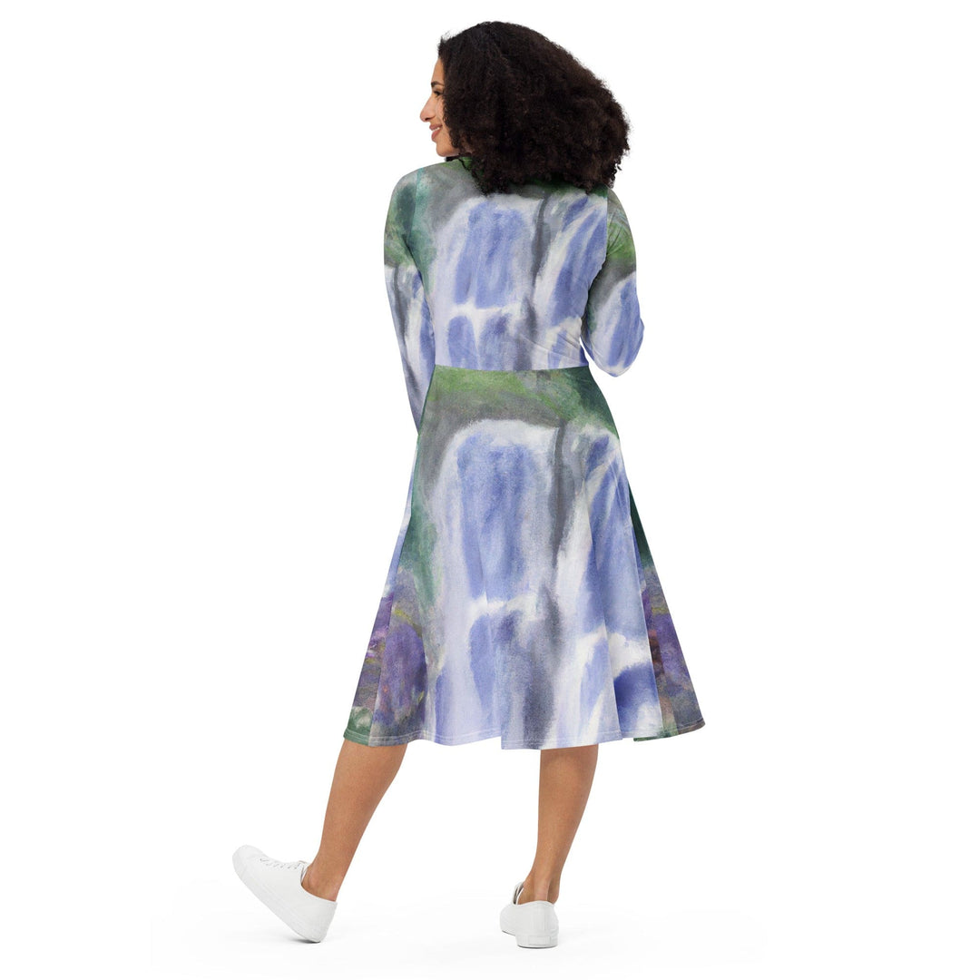 Womens Long Sleeve Midi Dress Purple Watercolor Waterfall Green - Womens