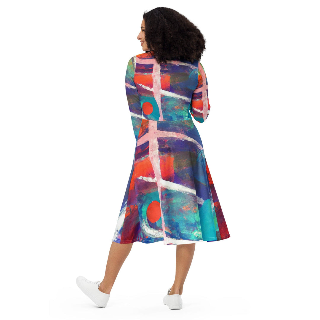 Womens Long Sleeve Midi Dress Red Blue Multicolor Abstract Print - Womens