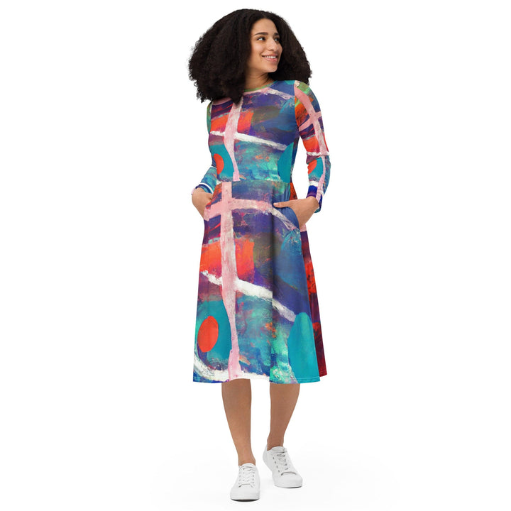 Womens Long Sleeve Midi Dress Red Blue Multicolor Abstract Print - Womens