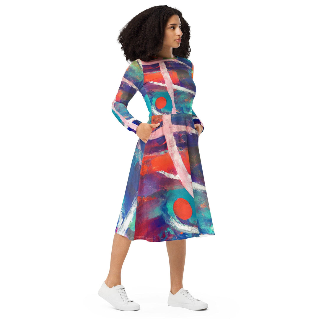 Womens Long Sleeve Midi Dress Red Blue Multicolor Abstract Print - Womens