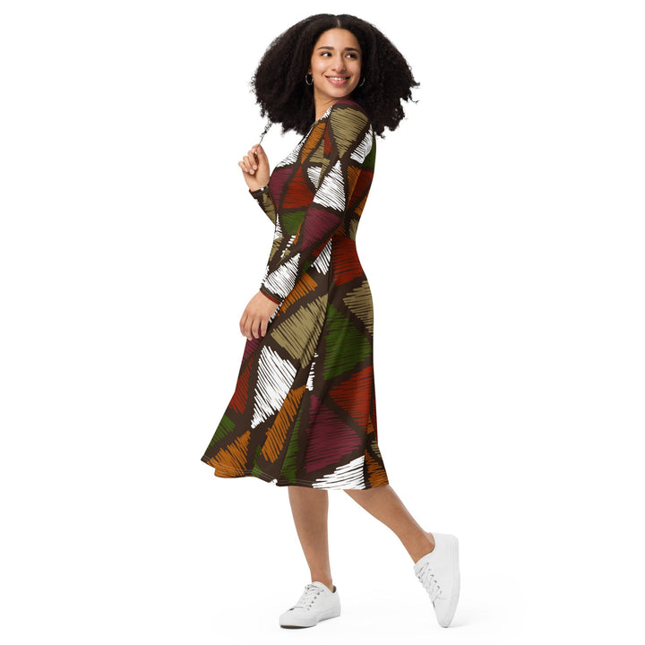 Womens Long Sleeve Midi Dress - Red Green Geometric Lines