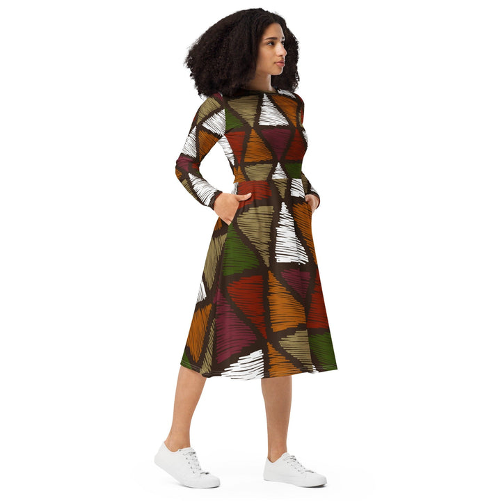 Womens Long Sleeve Midi Dress - Red Green Geometric Lines