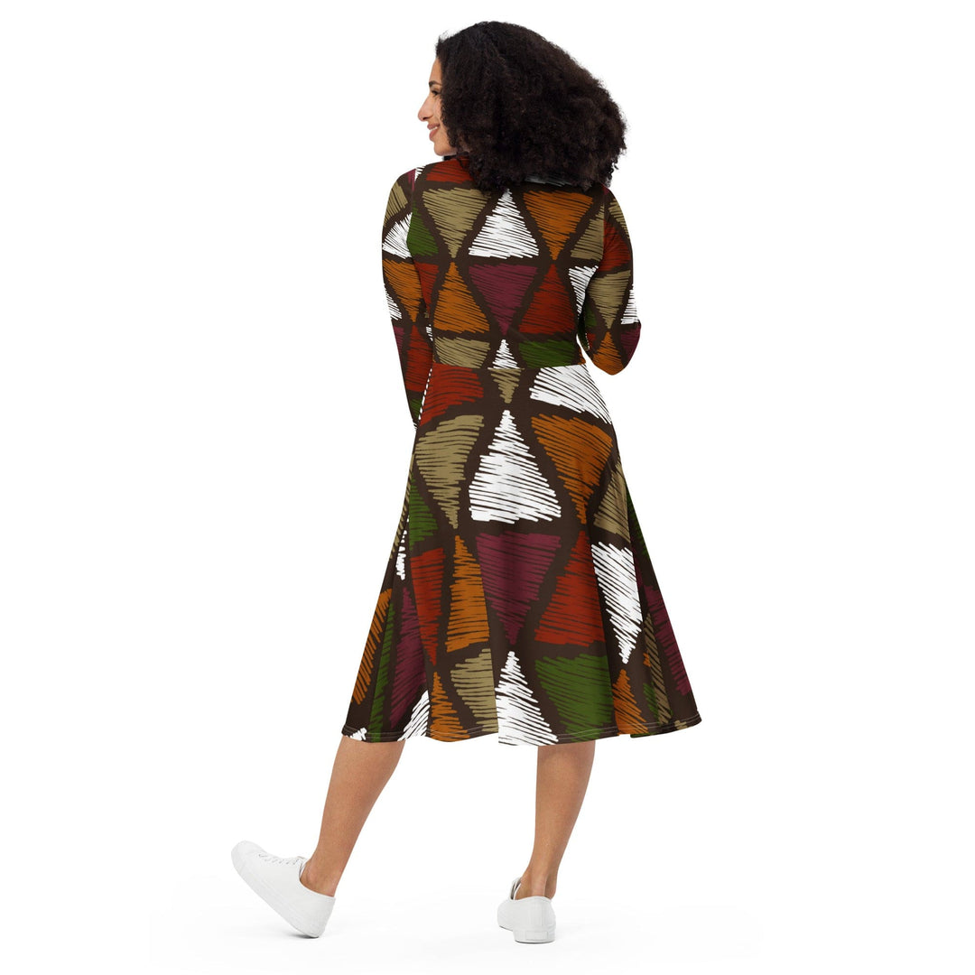 Womens Long Sleeve Midi Dress - Red Green Geometric Lines