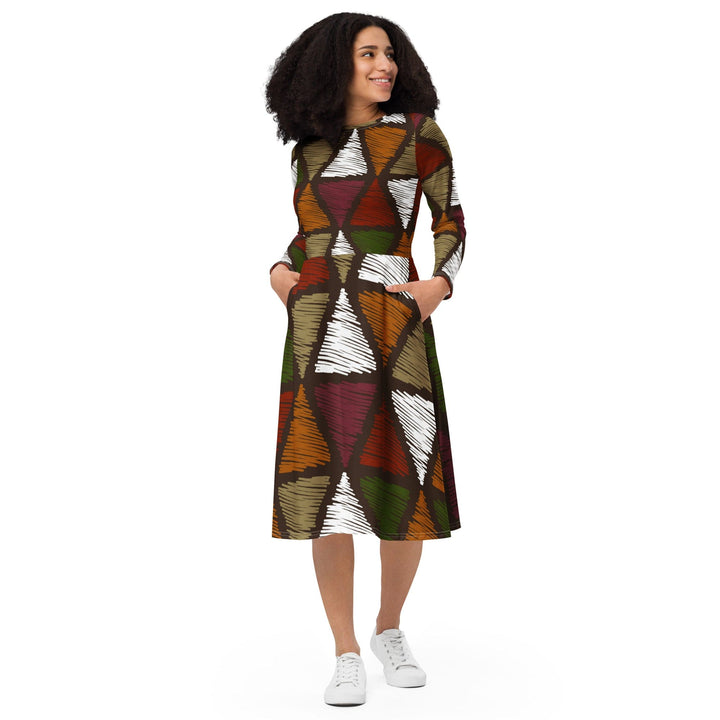 Womens Long Sleeve Midi Dress - Red Green Geometric Lines