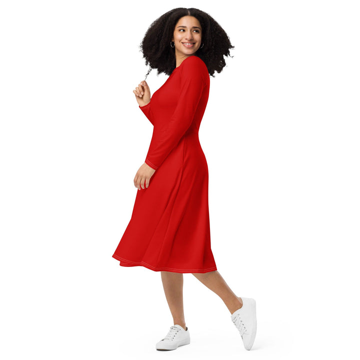 Womens Long Sleeve Midi Dress Red - Womens | Dresses | MIDI | AOP