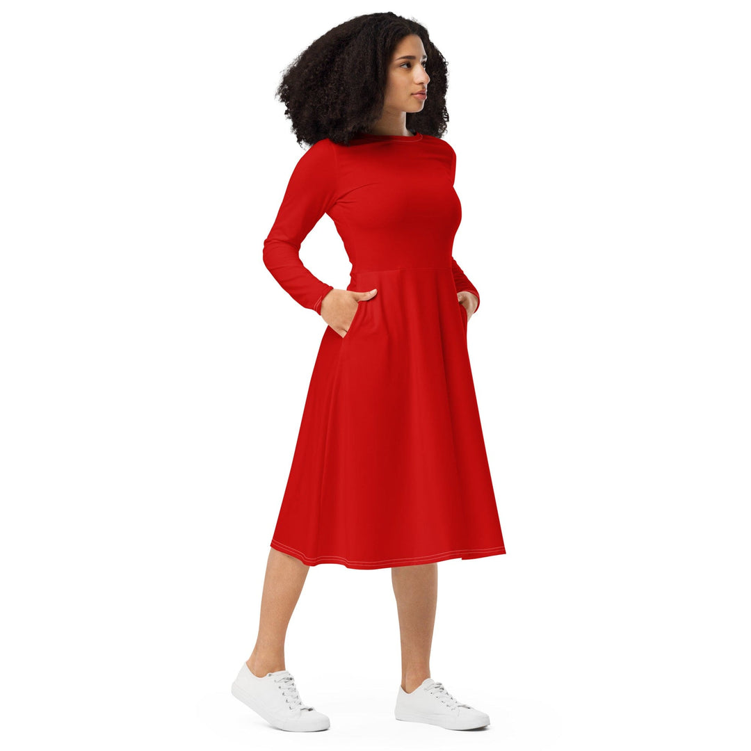 Womens Long Sleeve Midi Dress Red - Womens | Dresses | MIDI | AOP