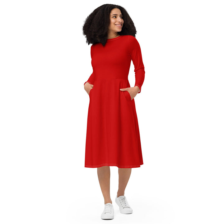 Womens Long Sleeve Midi Dress Red - Womens | Dresses | MIDI | AOP