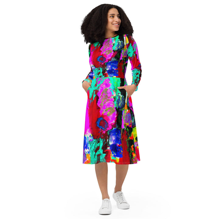 Womens Long Sleeve Midi Dress Red Multicolor Abstract Print - Womens | Dresses