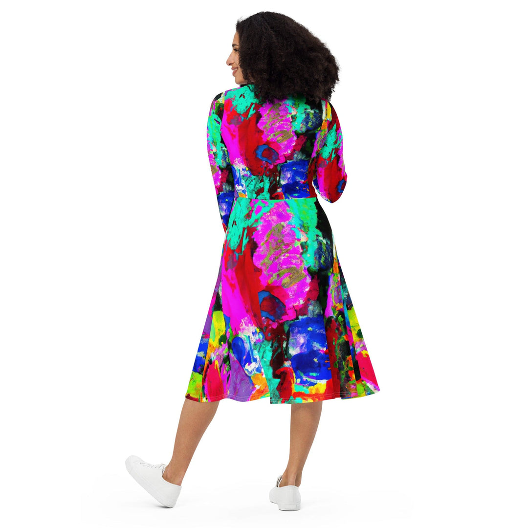 Womens Long Sleeve Midi Dress Red Multicolor Abstract Print - Womens | Dresses