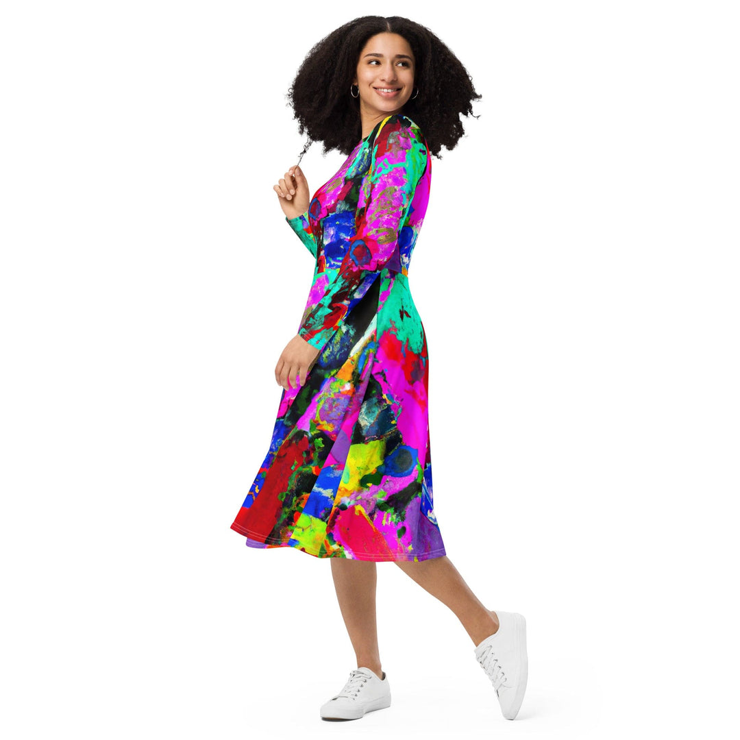 Womens Long Sleeve Midi Dress Red Multicolor Abstract Print - Womens | Dresses