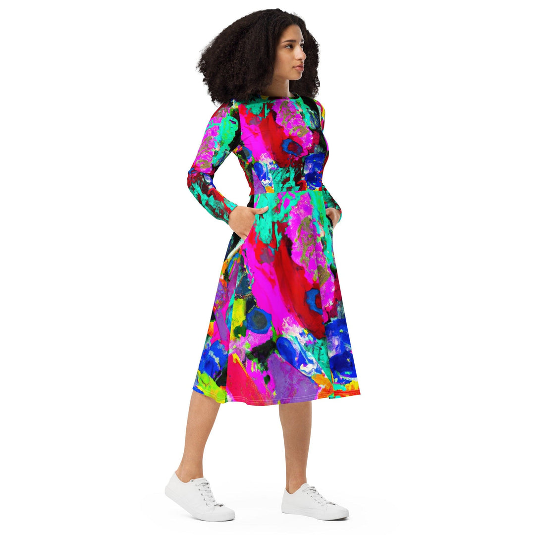 Womens Long Sleeve Midi Dress Red Multicolor Abstract Print - Womens | Dresses