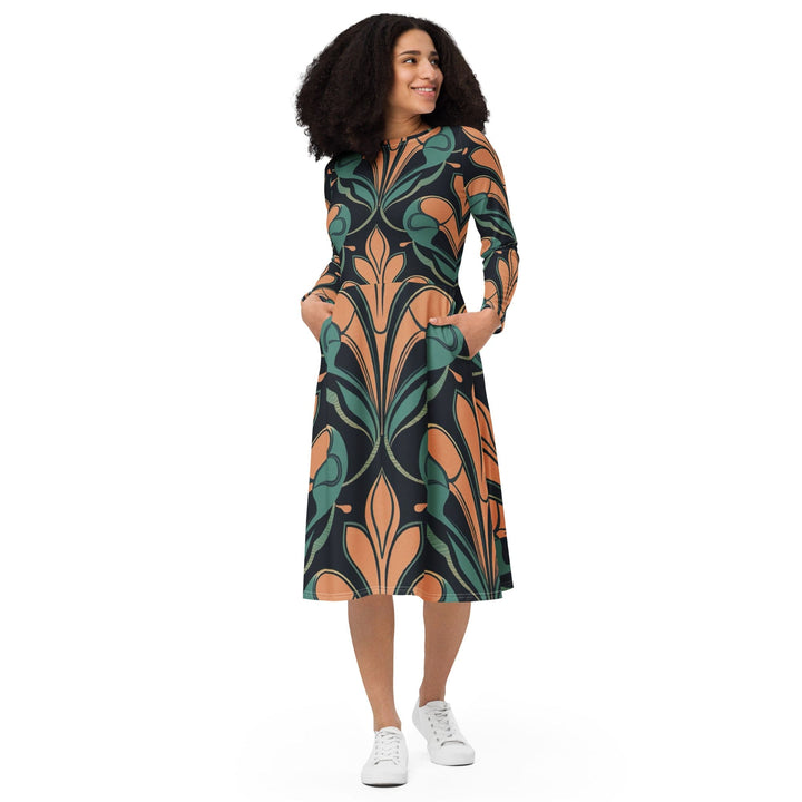 Womens Long Sleeve Midi Dress Retro Vintage Print - Womens | Dresses | MIDI