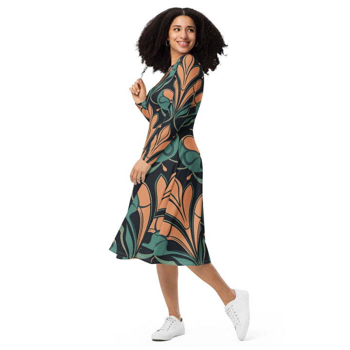 Womens Long Sleeve Midi Dress Retro Vintage Print - Womens | Dresses | MIDI