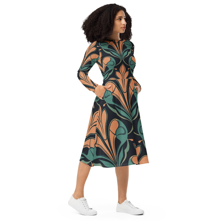 Womens Long Sleeve Midi Dress Retro Vintage Print - Womens | Dresses | MIDI